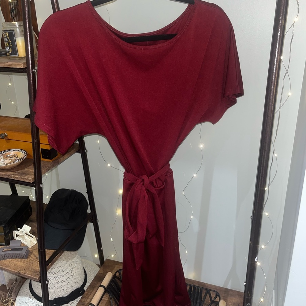 SHEIN Red Batwing Sleeve Belted Fitted Dress M